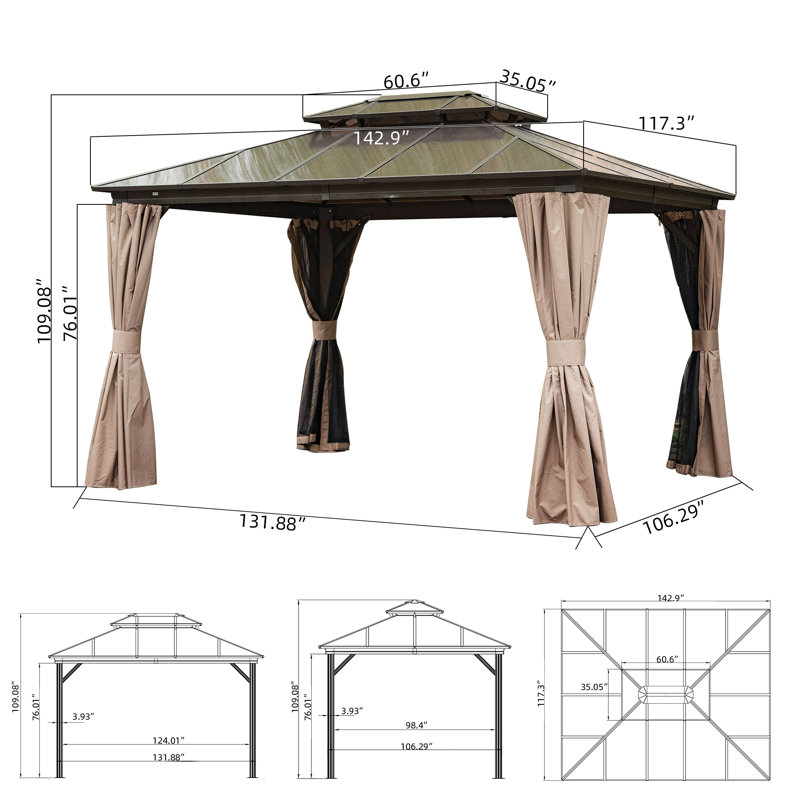 Auvent de toit permanent en aluminium et double en polycarbonate, 12 pi x 10 pi, Brun foncé