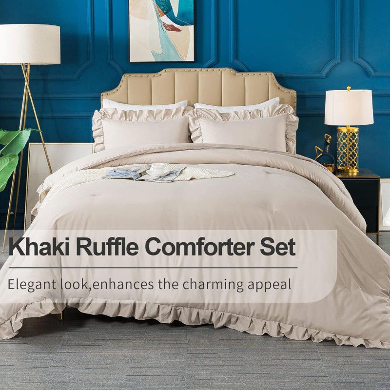 Khaki Full Size Comforter Set, 3 Pieces Farmhouse Shabby Chic Ruffle Bedding Comforter & Sets, All Season Soft Lightweight Microfiber Bed Set For Girls Kids Men Women