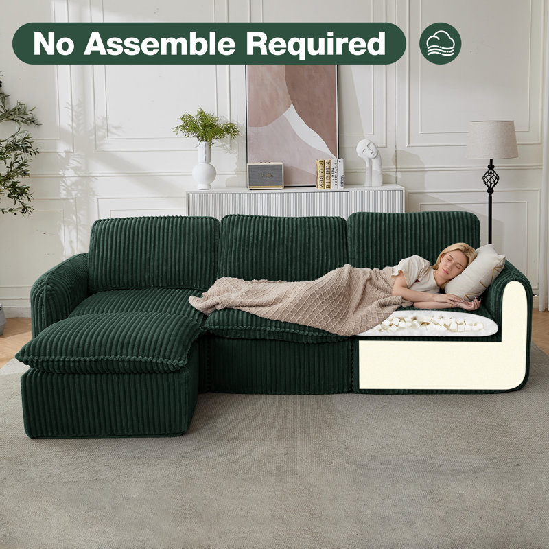 Modern Boneless Sectional Modular Sofa With Ottoman, Green Corduroy
