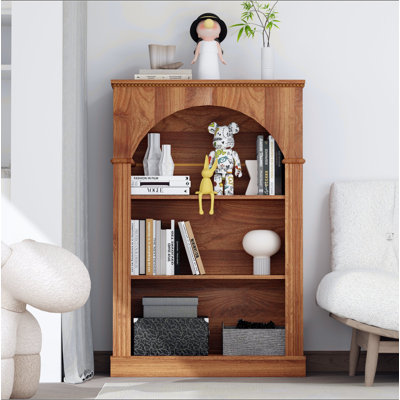 Bibliothèque ouverte à 3 niveaux, bibliothèque autoportante traditionnelle avec garniture perlée décorative, étagère en bois de noyer clair pour le salon, le bureau personnel, la chambre à coucher et le couloir