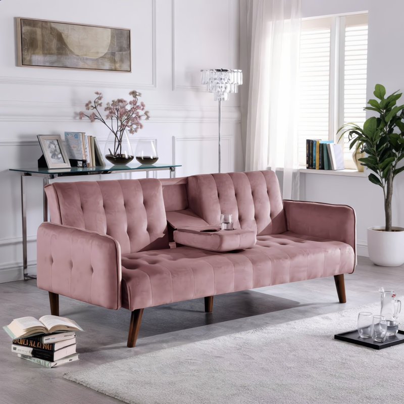 Canapé-lit rose de 72 po avec porte-gobelet et table rabattable - canapé-lit pliant convertible en lin, canapé-lit double compact pour les petits espaces, appartement, dortoir - Assemblage facile