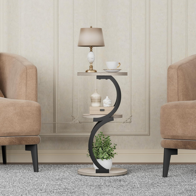Table d'appoint ronde à 3 niveaux en forme de S, table d'angle en bois et en métal pour petits espaces, Grège / noir, Grège