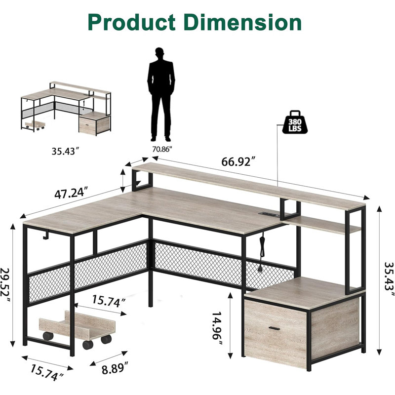 Mehalek L-Shaped Computer Desk with Power Outlet, Gray