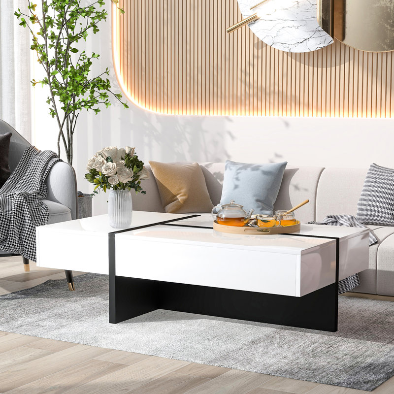 Rectangular Particleboard Coffee Table With Practical Storage And Drawer Modern Centerpiece Water-Repellent Finish Black Base