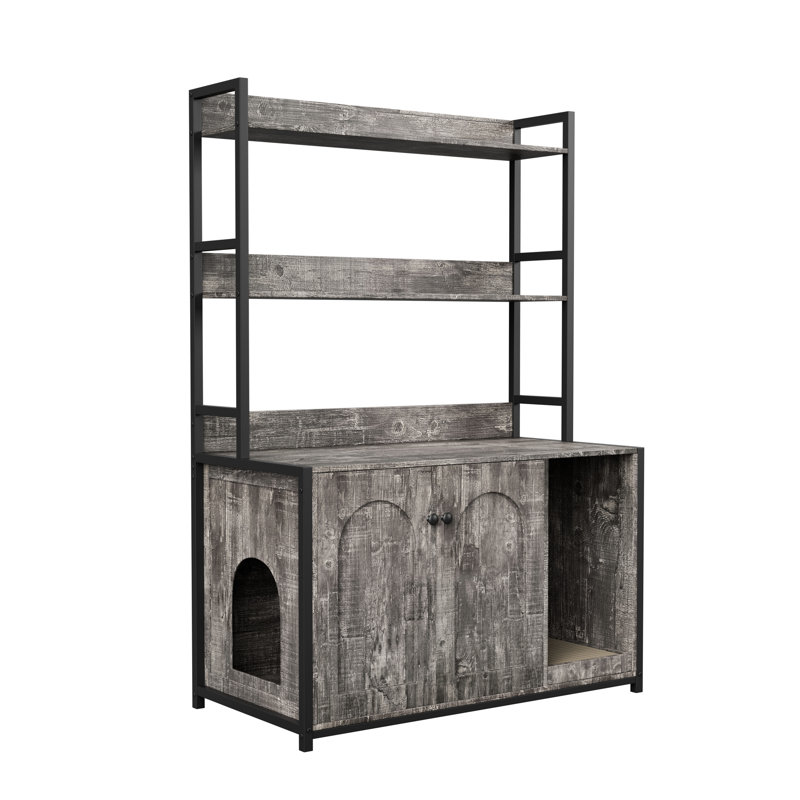 Enceinte de litière pour chat gris avec rangement pour tablette et porte à deux portes, une salle de bain cachée comprenant un bloc-notes.