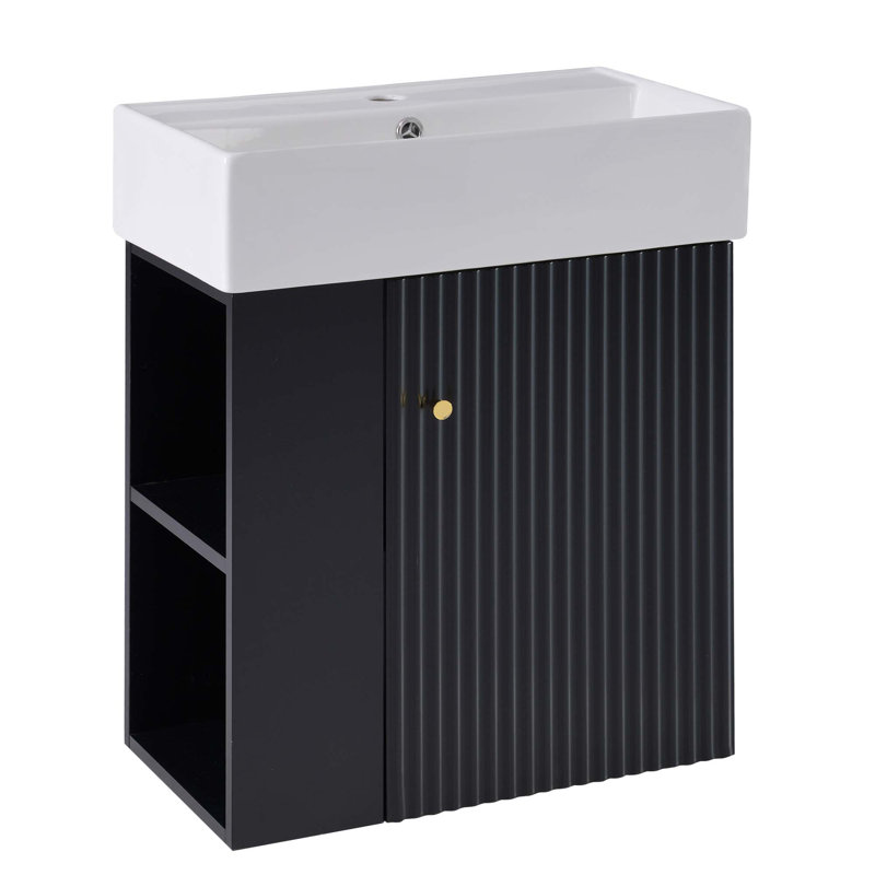 21.6 Inch Modern Floating Bathroom Vanity With Ceramic Basin-Perfect For Small Bathrooms, Left Side Storage, Black