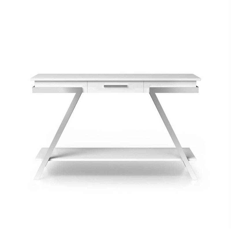Table de canapé simple de style contemporain avec finition ultrabrillante, structure chromée, tablettes ouvertes et tiroirs de rangement pour les espaces de vie modernes.