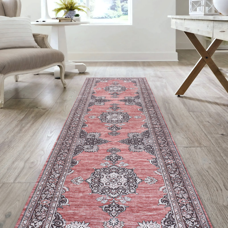 Tapis rose foncé / noir / blanc lavable à la machine Heimar Bohemian, Tapis de couloir 2 pi x 8 pi