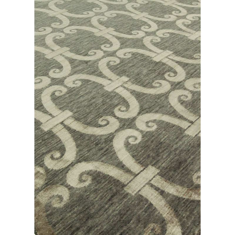 Tapis gris noué à la main à motif géométrique, Rectangle 6 pi x 9 pi