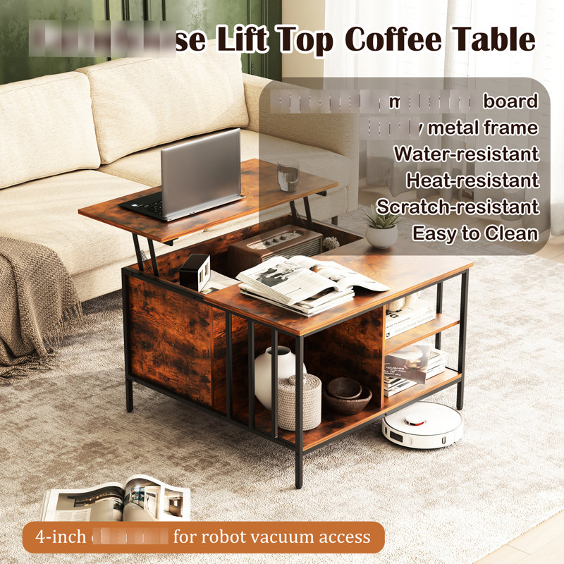 Table basse réglable à hauteur réglable avec compartiment caché et 3 tablettes pour la famille moderne rustique - 31,5 po