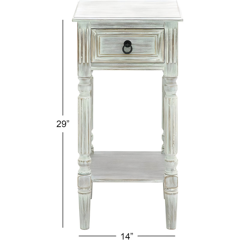 Rustic Farmhouse Wood Side Table With Drawer And Shelf, Pine And MDF Construction, Distressed White Finish