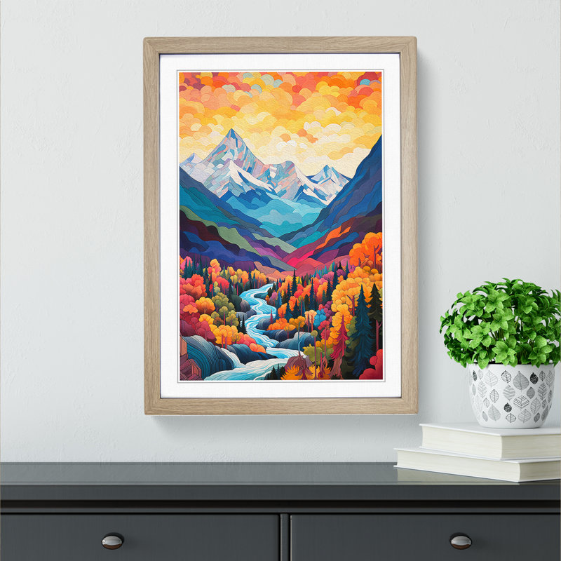Japanese Mountains Orphism No.2 - Single Picture Frame Print on Wood, 34cm H x 25cm W x 2cm D, Oak Framed