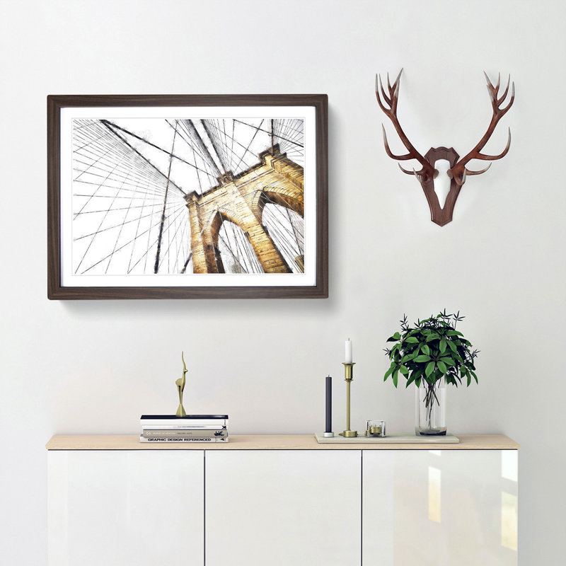 The Brooklyn Bridge in New York City - Picture Frame Painting Print, 62cm H x 87cm W x 2cm D, Walnut Framed