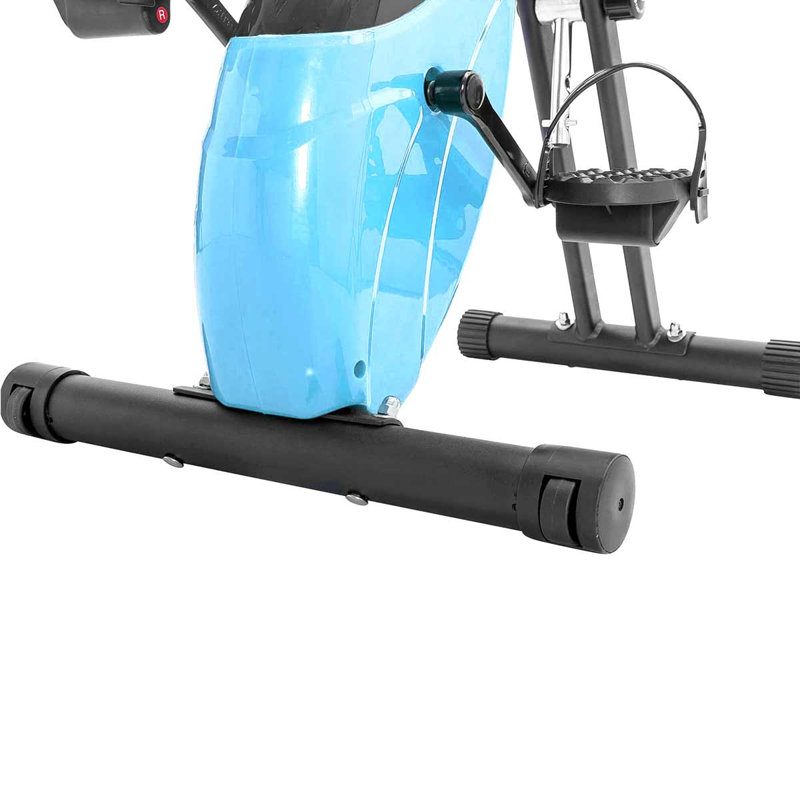 Vélo d'exercice pliable 2-en-1 - X-vélo debout et couché avec 16 niveaux de résistance, bandes de bras et dossier, Bleu clair