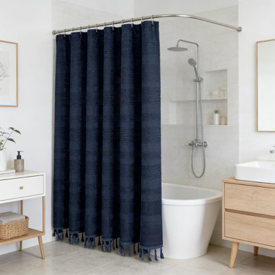 Linen Textured Shower Curtain With Tassels, Heavy Duty Vintage Modern Bathroom Curtain, Wrinkle-Free Fabric, Easy Installation With Button Holes