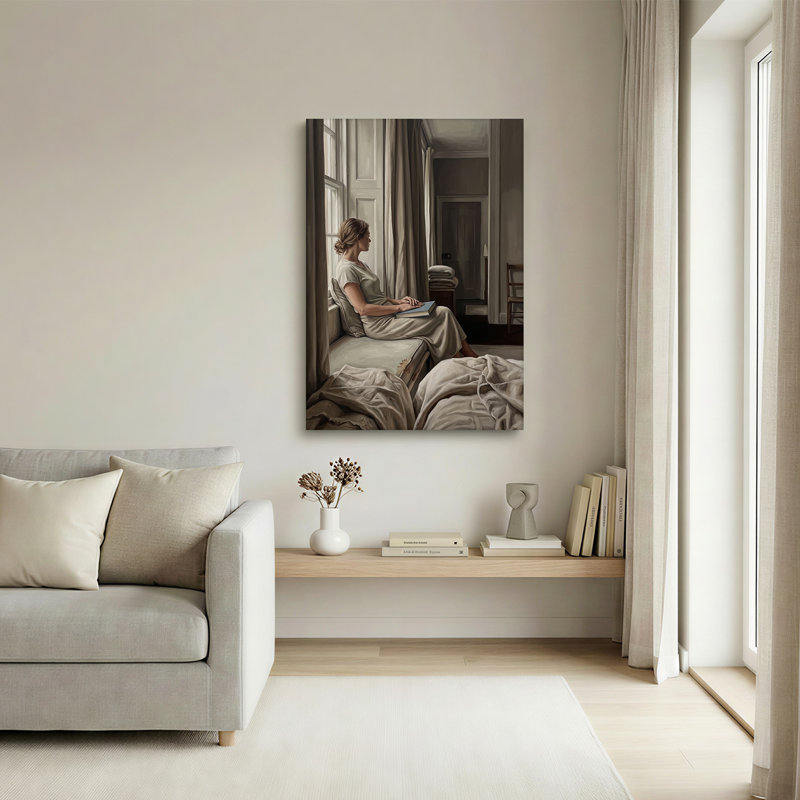 Femme tenant un livre bleu sur un siège de fenêtre dans une chambre à coucher, art mural, H 24 po x l 16 po