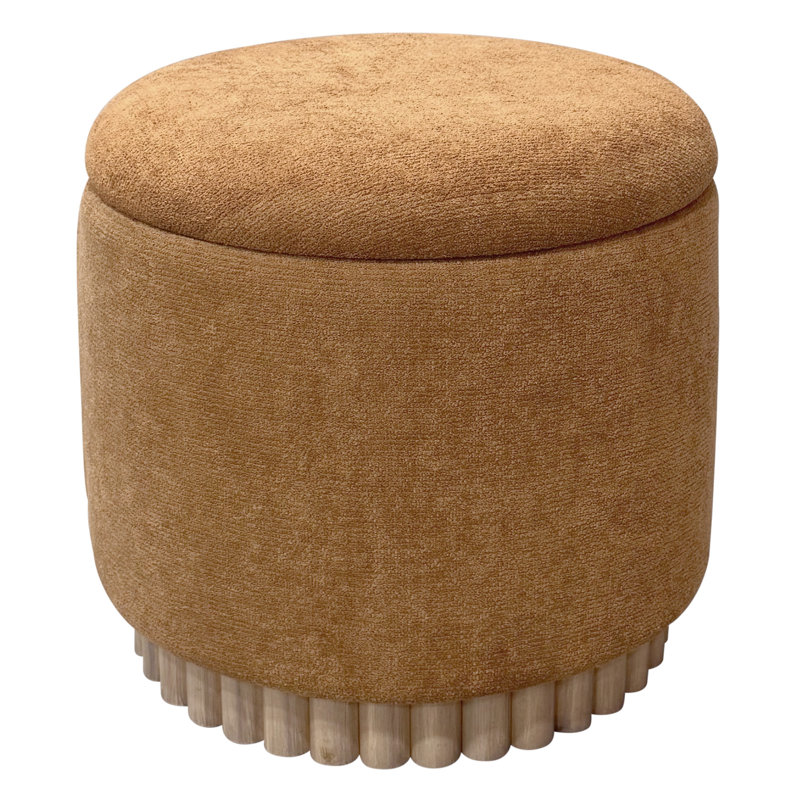 Modern Fabric and Solid Wood Round Storage Ottoman, Modern Round Storage Ottoman - Rust/Natural