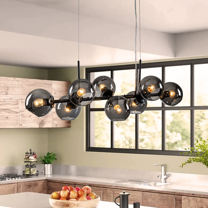 Spoffo 8 - Light Modern Linear Matte Black Kitchen Island Pendant Glass Bubble Globe Pendant Lamp, Black