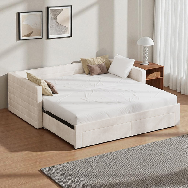 Lit de jour rembourré avec couchette et tiroirs, Beige