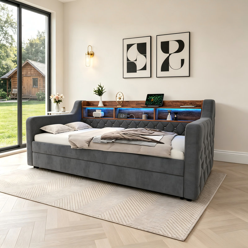 Upholstered Velvet Daybed with Trundle Bed, Dark Grey