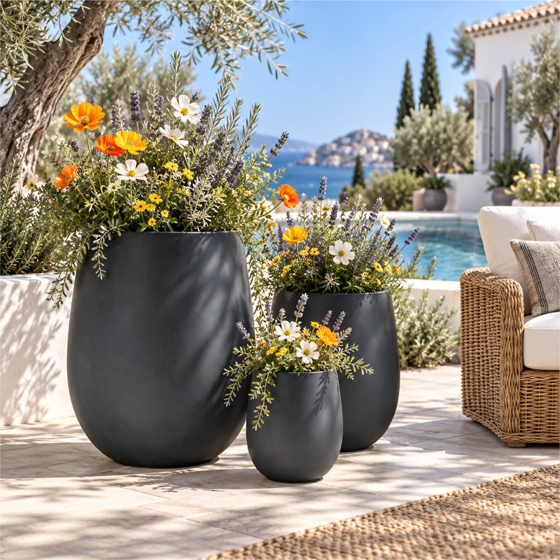 Jardinières rondes 3 pièces avec trou de drainage, pots à fleurs légers pour patio et intérieur, Noir