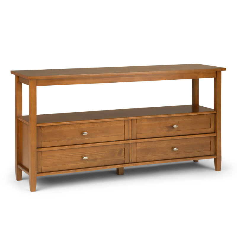 Warm Shaker 60"W Solid Wood Transitional Sofa Table with 4 Drawers, Open Shelf and Brushed Nickel Knobs, Light Golden Brown