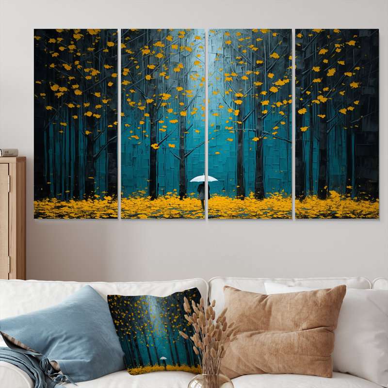«Walking In The Rainy Autumn Forest - Tree Redwood Wall Art For Living Room», 4 pièces, H 32 po x l 64 po
