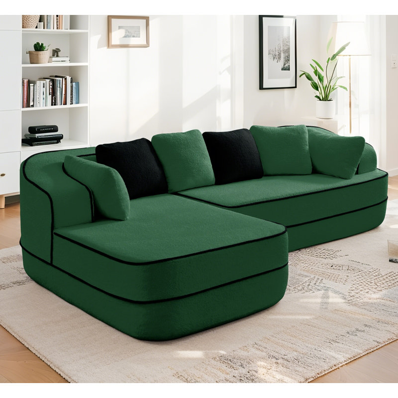 Canapé modulaire en L 106 po sans assemblage en L Teddy - Accoudoirs courbés et couleur contrastante pour le salon, Vert