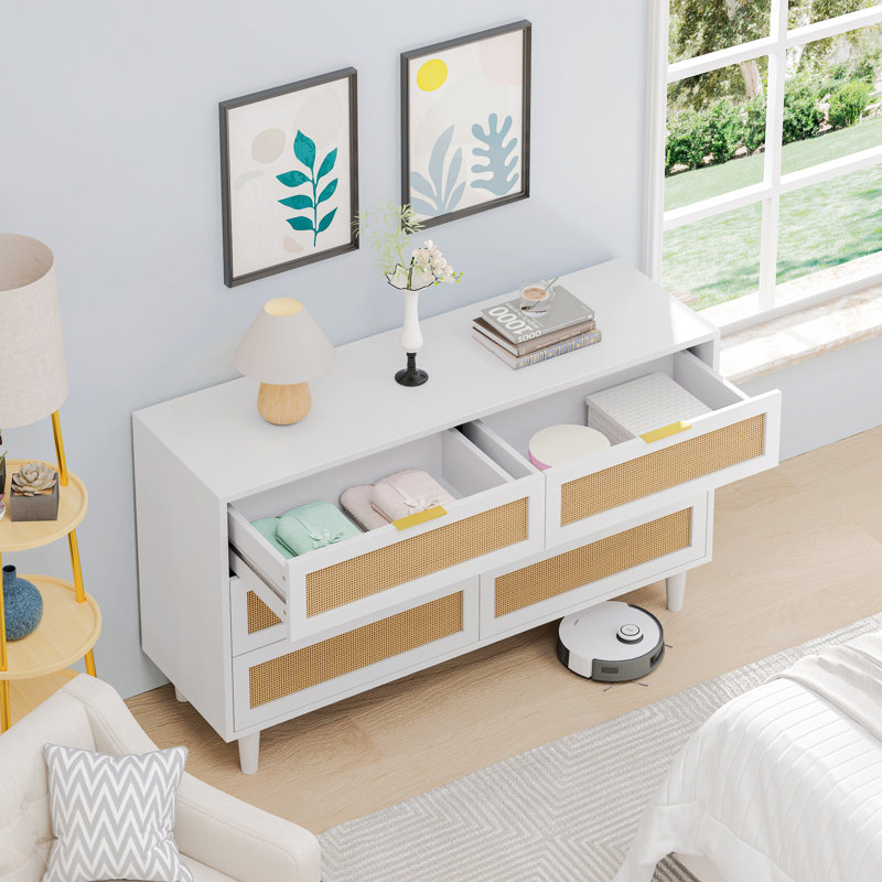 Armoire de rangement en rotin 6 tiroirs, Blanc, H 29,72 po x l 51,18 po x P 15,75 po 
