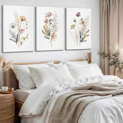 3 pièces aquarelle de fleurs sauvages sur toile, art mural moderne minimaliste coloré, peinture florale, décoration murale, affiches florales, impression, œuvre pour le salon, chambre à coucher, chambre de femme, décoration de la maison