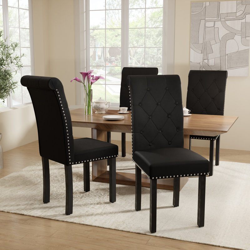 Chaises de salle à manger haut de gamme rembourrées et cloutées (ensemble de 2), Noir, 2
