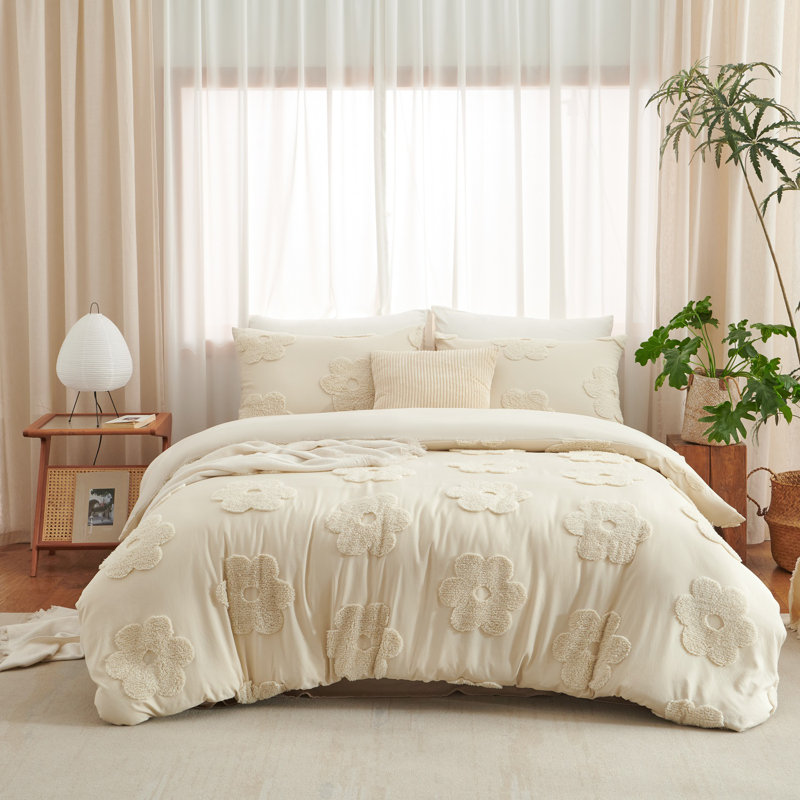Beige Floral Tufted Bedding Duvet Cover Soft Bed Set, Full Duvet Cover + 2 Standard Shams