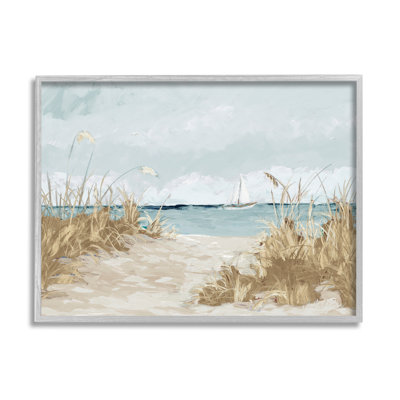 «Sandy Beach Walkway Distant Sail Sailers Floating Sea» par Julie Derice, reproduction d'art sur toile encadrée