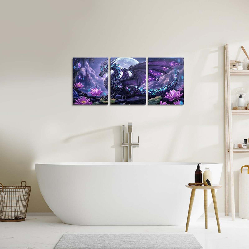 Magic Dragon Canvas Wall Art Set Of 3 Pieces, Western Wild Animal Wall Decor Prints Artwork For Living Room Bedroom, Purple Lotus Flower Wall Painting Posters, Kids Room Decor 12X16 Inch