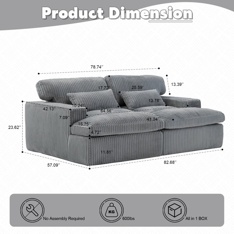 Lit surdimensionné rembourré avec siège moelleux, Gris