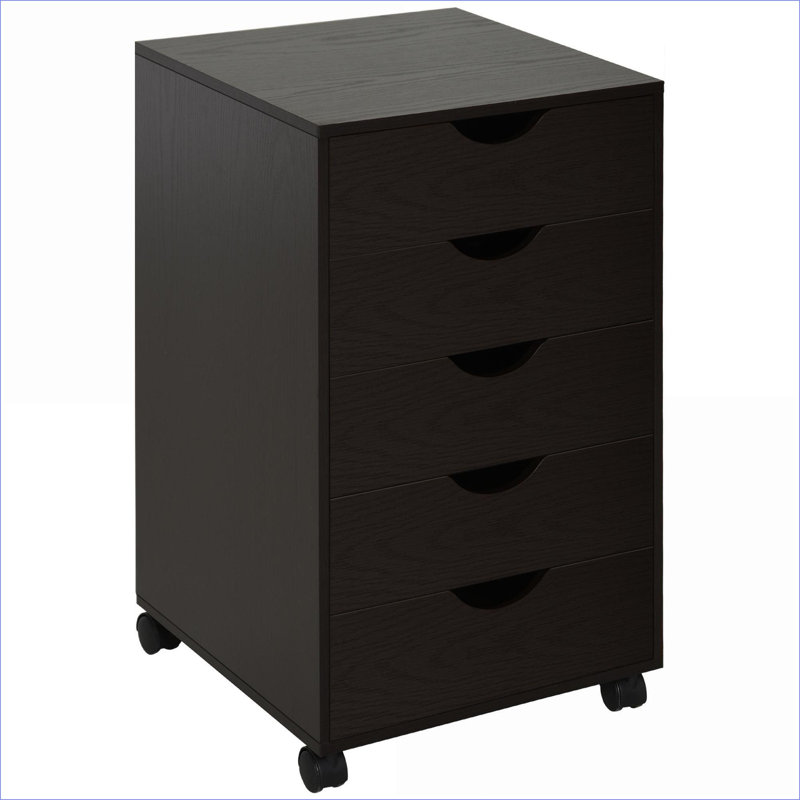 Classeurs | Rangement à 5 tiroirs, style minimaliste moderne, brun noyer, avec roulettes verrouillables | Panneau de particules | Bureau