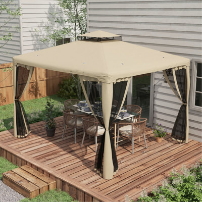 Pavillon de jardin 9,6 pi x 11,6 pi - 2 toits, filet, structure en acier pour les espaces extérieurs, auvent taupe, abri avec toit et filet -, structure, jardin, pelouse, cour, terrasse, taupe, procédure d'installation simple