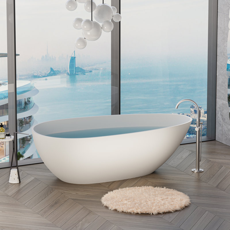 Baignoire de trempage autoportante en résine de 59 po x 31 po à surface solide en pierre avec trop-plein et bonde escamotable, blanc mat