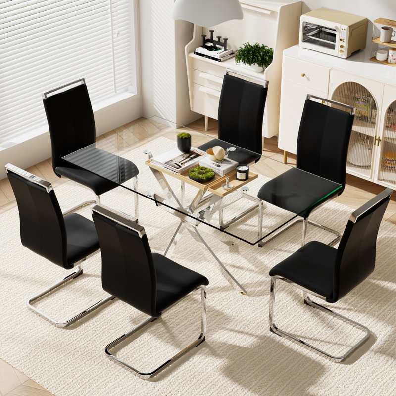 7 tables rectangulaires en verre trempé de 63 pièces avec 6 chaises rembourrées en polyuréthane, Argent argent