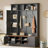 Versatile 3-In-1 Hall Tree With 6 Hooks, Farmhouse Walnut Storage Bench With Adjustable Shelves, 55"W Entryway Coat Rack With Multiple Storage Space For Mudroom, Hallway, Black-1667641796