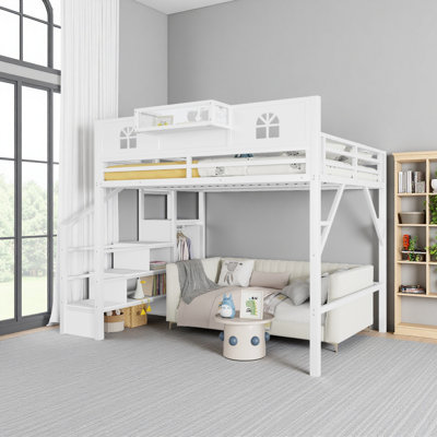 Lit mezzanine avec escalier, lit mezzanine en métal avec garde-corps hauts et en forme de maison, lit mezzanine haut avec garde-robe pour les enfants adolescents