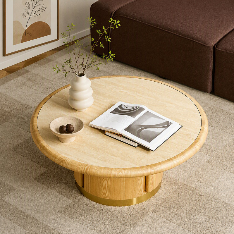 Table basse ronde de 35,43 pouces, table avec piédestal robuste en panneau de fibres à densité moyenne avec acier inoxydable brossé, table de table en pierre frittée, table d'appoint ronde pour le salon, le bureau