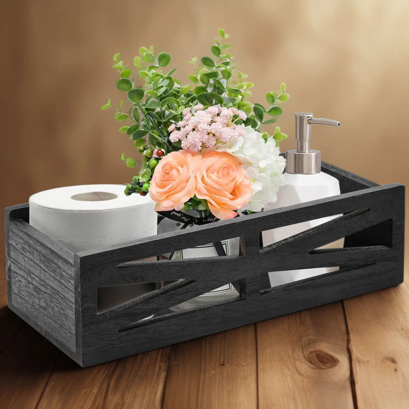Farmhouse Wooden Toilet Tank Organizer Box, Rustic Bathroom Storage Holder For Toilet Paper And Essentials, Solid Wood Decorative Box For Living Room, Kitchen, And Countertop