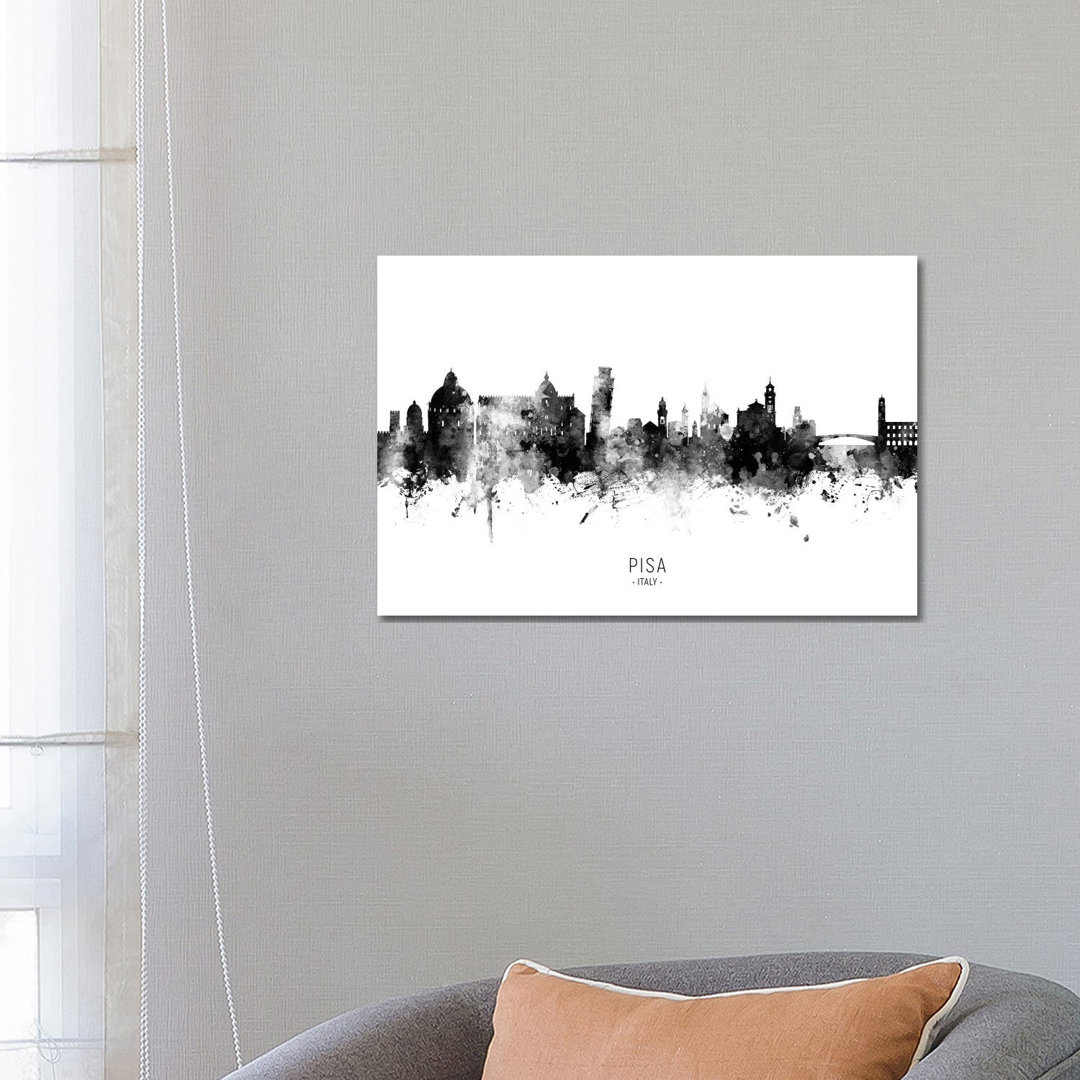 Pisa Italy Skyline Name in Black and White by Michael Tompsett - Wrapped Canvas Painting