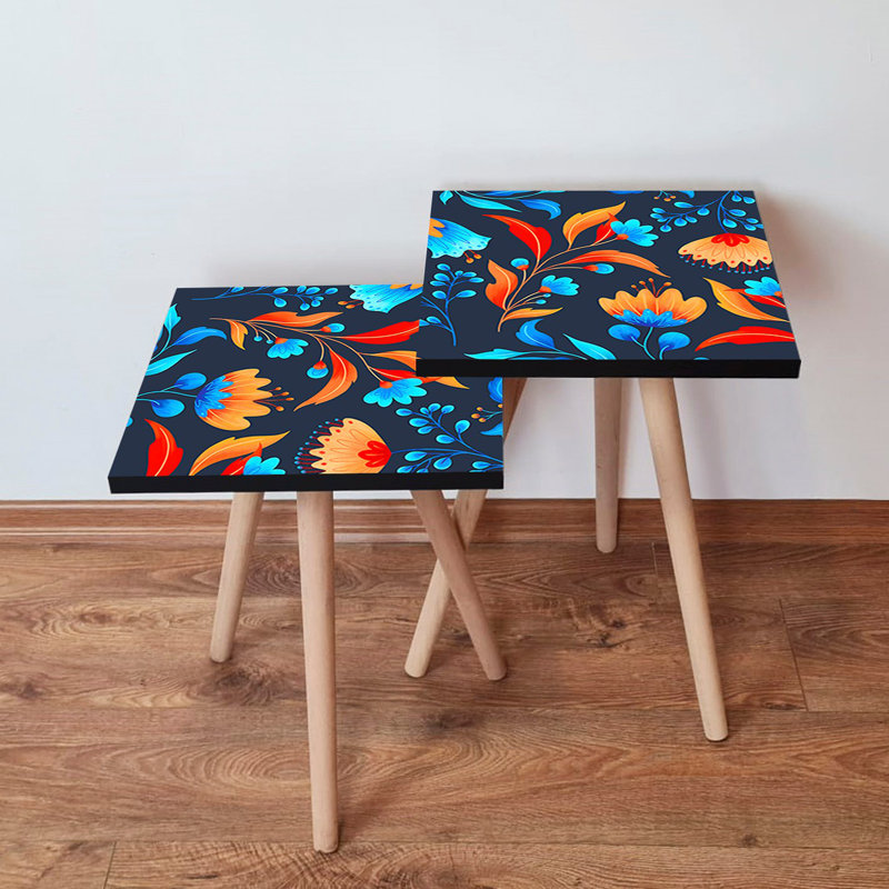 Ensemble de tables gigognes Modern (2 pièces), pieds en bois de hêtre, 13,8 x 18,5 x 13,8 pouces et 13,8 x 16,5 x 13,8 pouces | 100% panneau de fibres à densité moyenne avec une épaisseur de 0,7 pouce | Conception florale élégante pour le salon et la maison, solution peu encombrante
