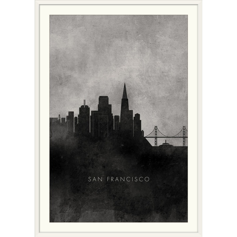 «Kate Lillyson - Skylines», impression de Skylines minimalistes de San Francisco, H 26 po x l 20 po x P 1 po, Cadre blanc