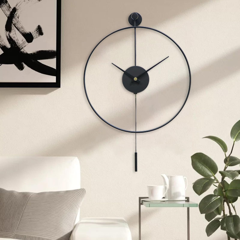 Classical Large Decorative Wall Clock With Pendulum, Modern Non-Ticking Silent Metal Wall Clocks, Black
