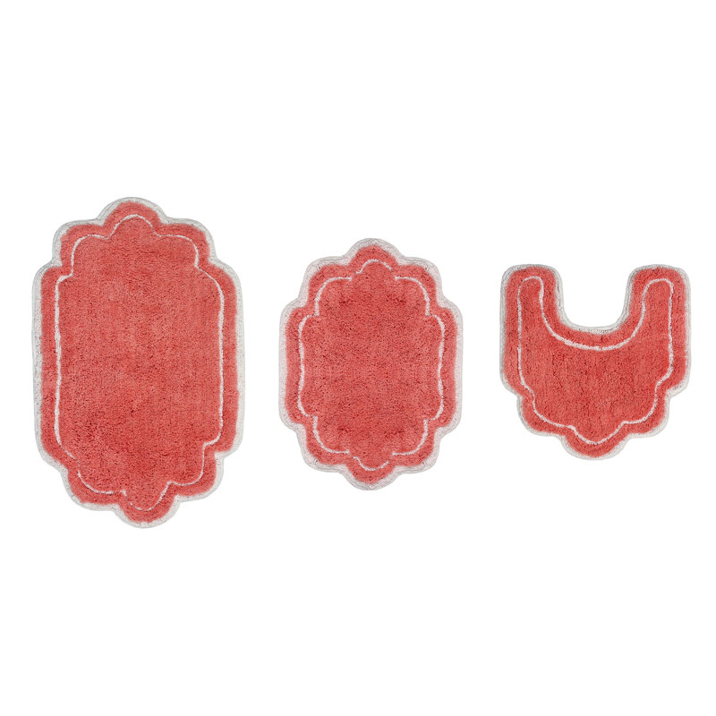 Dobrinka Cotton Bath Rug Set, Machine Washable, Quick Dry, Absorbent - 3 Piece Set with Contour, Coral