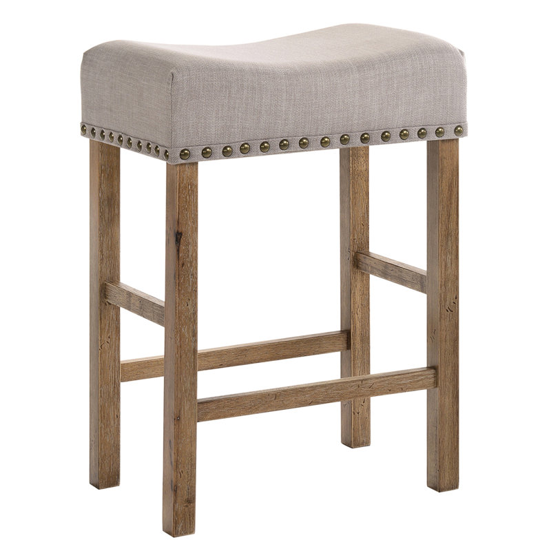 Backless Tan Linen Counter Stools - Rustic Grey Finish & Durability Upholstered Stool  2  Wood Modern Accents