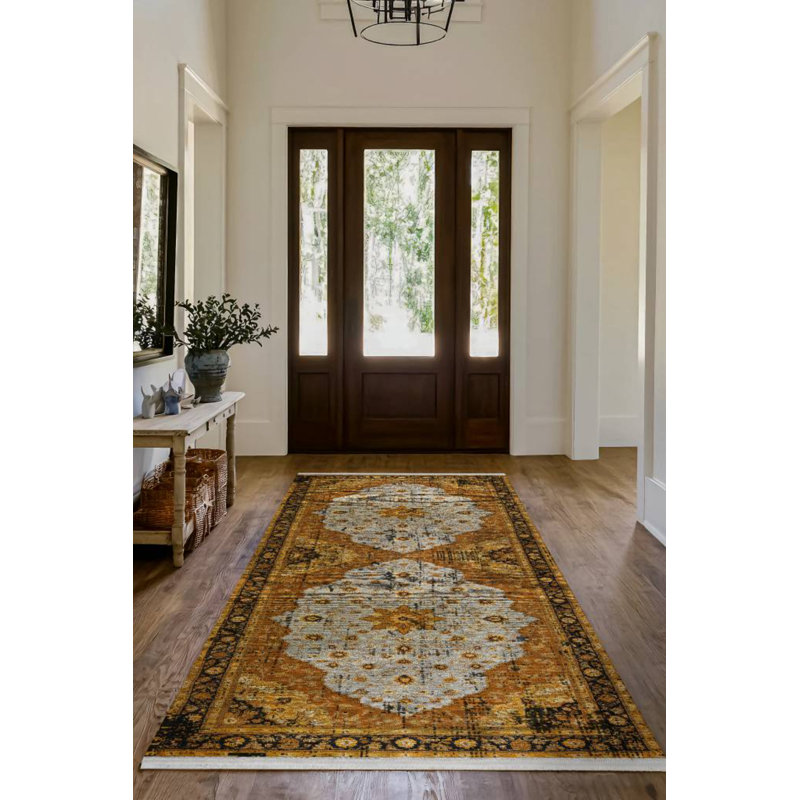 Girvin Yellow Oriental Machine Printed Cotton Polyester Area Rug, Rectangle 6'7" x 10'6"